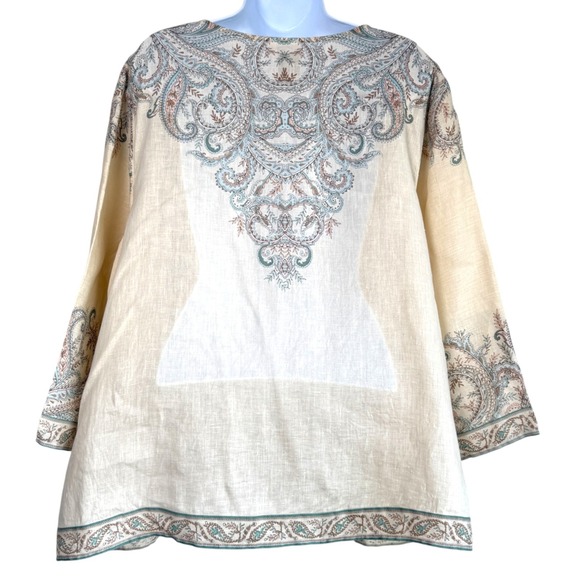 J Jill Love Linen Ornate Paisley Elegant Boho Top Barley Size XL Flowy Statement - Picture 5 of 8